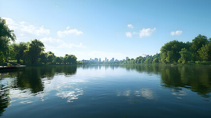 Serene Lakeside Cityscape with Trees and Blue Sky Reflection
