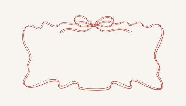 Horizontal rectangle bow ribbon frame. Hand drawn cute line doodle border. Vintage wedding festive decorative element. Trendy coquette girly style. Whimsical wavy minimalist drawing