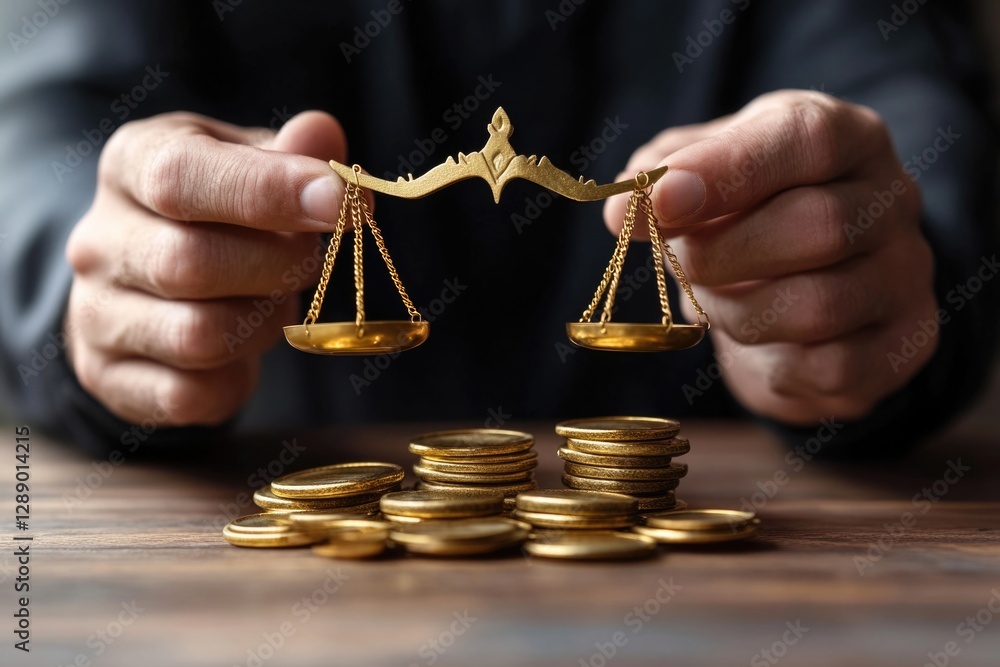 Poster close-up of a hand holding a balance with coins, perfect for financial or business concepts