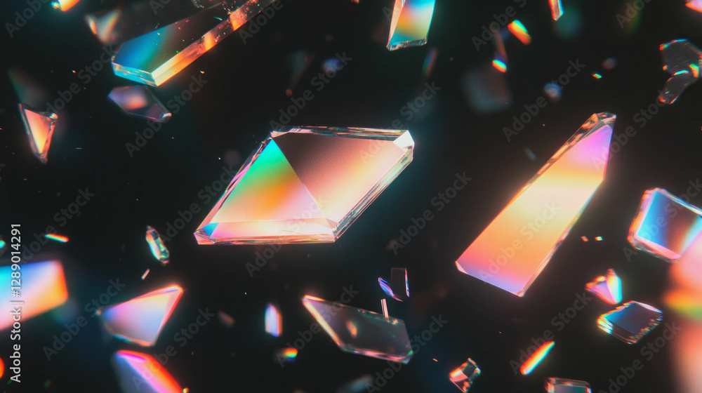 Poster Holographic shards falling in abstract rainbow light background design