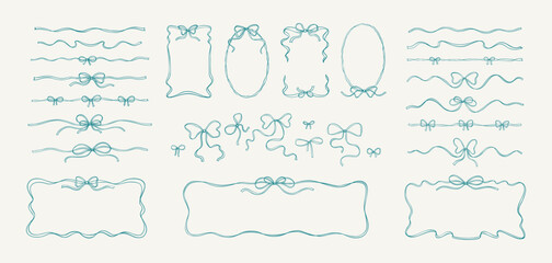 Set of bow ribbon blue whimsical bows, rectangle and oval ribbon wavy frames, dividers. La dolce vita Italian style. French patisserie menu decoration. Wedding invitation design elements