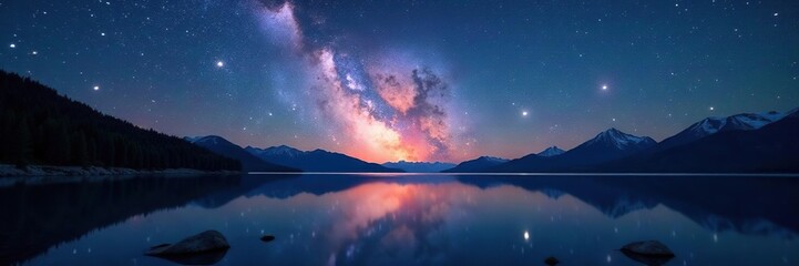Fototapeta premium Milky Way over vast expanse of Biscarosse lake, milky way, galaxy, lake