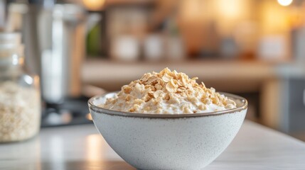 Delicious Bowl of Oats with Flaked Cereal on Kitchen Counter