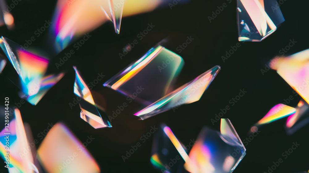Poster holographic shards falling on dark background with rainbow colors