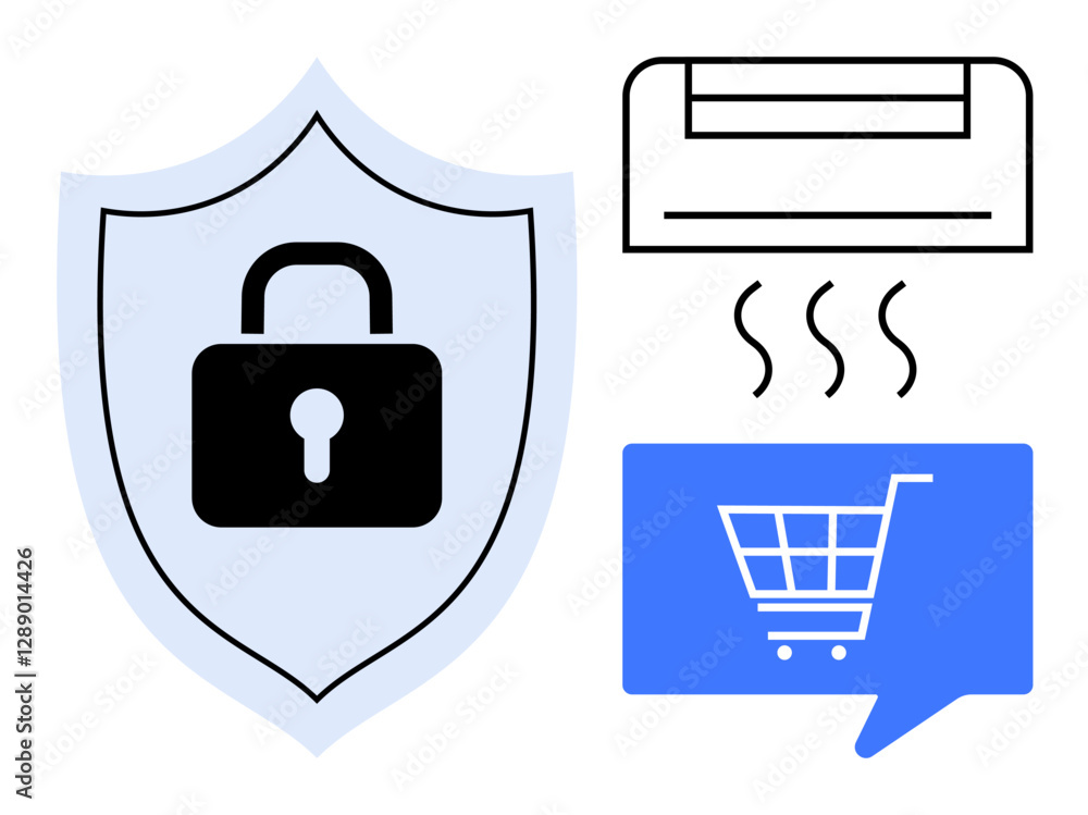 Poster lock symbol inside shield signifies security. air conditioning unit with heat lines. blue shopping c