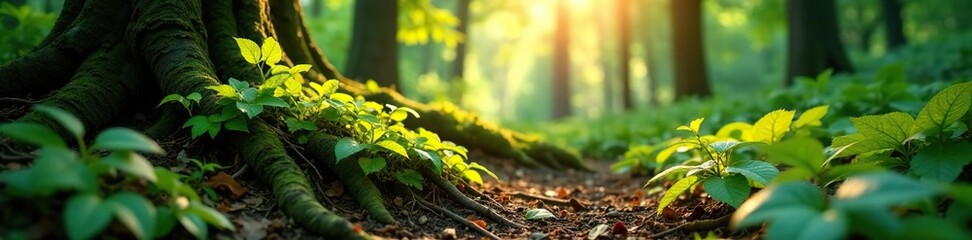 Obraz premium Forest floor with sunlight filtering through leaves, tree roots, forest floor