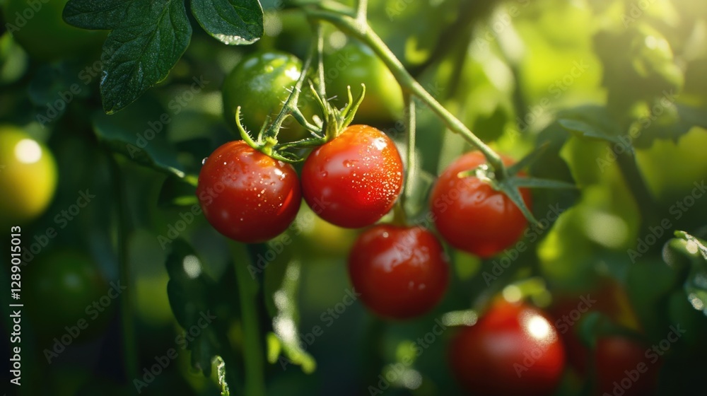 Poster a bunch of ripe tomatoes hanging from a tree branch