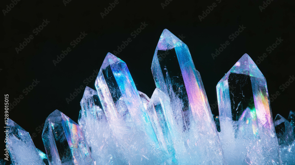 Poster shimmering ice crystals with iridescent glow on a dark background