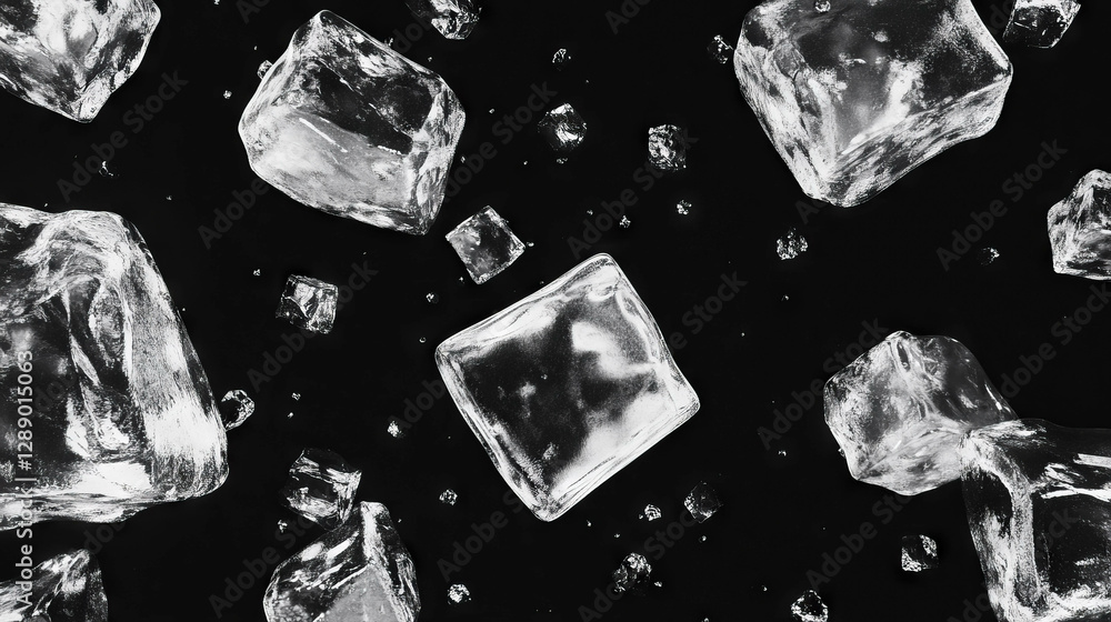 Poster falling ice cubes with subtle reflection on dark background