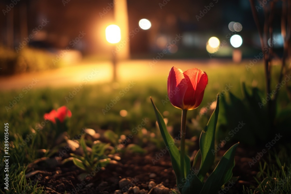 Aufkleber a single red tulip grows in the middle of a green field, surrounded by nature