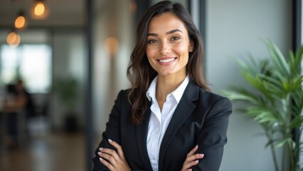 Woman in a business suit is smiling and posing for a photo