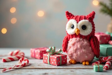 Obraz premium Candy cane owl on table with colorful wrapping paper and bows, presents, holiday, gift