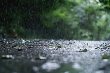 Fototapeta premium A wet road with leaves scattered on the ground, surrounded by trees