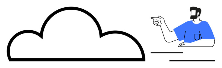 Illustration of a man in blue shirt pointing at a cloud, evoking creativity, cloud computing, remote work, innovation, future technology, teamwork, and communication. Ideal for business strategies