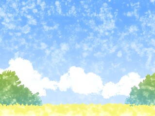 Vibrant landscape with blue sky, fluffy clouds, and green trees against a golden field