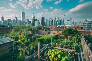 Obraz premium Illustration of A bustling urban garden on a rooftop, city dwellers practicing zero waste gardening, the freedom to grow their own food, lush greenery against the city skyline.