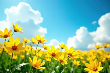 Sunny yellow blooms scattered against a brilliant blue sky with puffy white clouds, colorful, petals