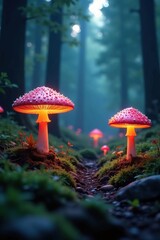 Fototapeta premium Silvery glow filters through forest of glowing mushrooms, glowing plants, soft light, ethereal trees