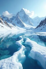 Snowy peaks with Abominable footprints in the frost, icy, frozen lake