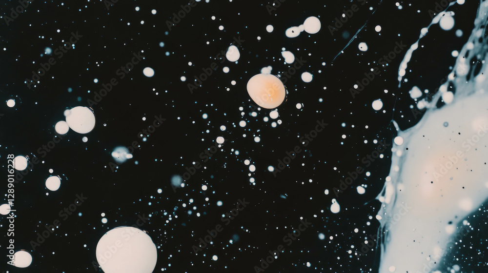Poster mesmerizing abstract background of falling milk drops on dark surface for creative designs