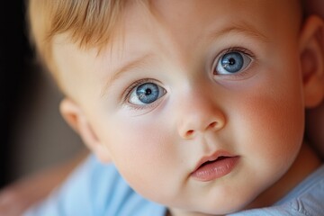 A close-up shot of a baby's face with bright blue eyes
