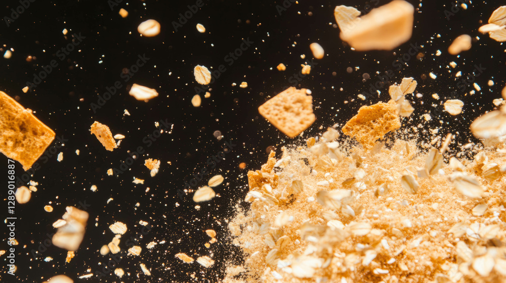 Poster Dynamic display of falling oat bread crumbs against a light background