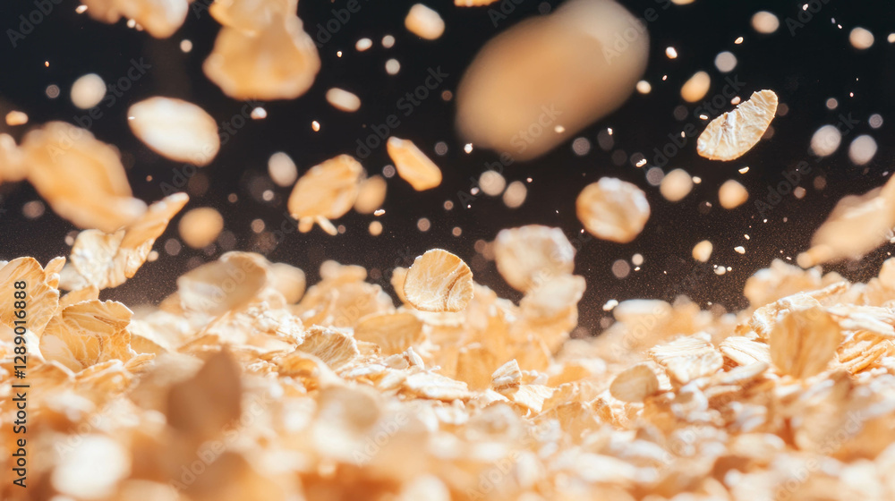 Poster falling oat bread crumbs against dark background for baking and culinary design