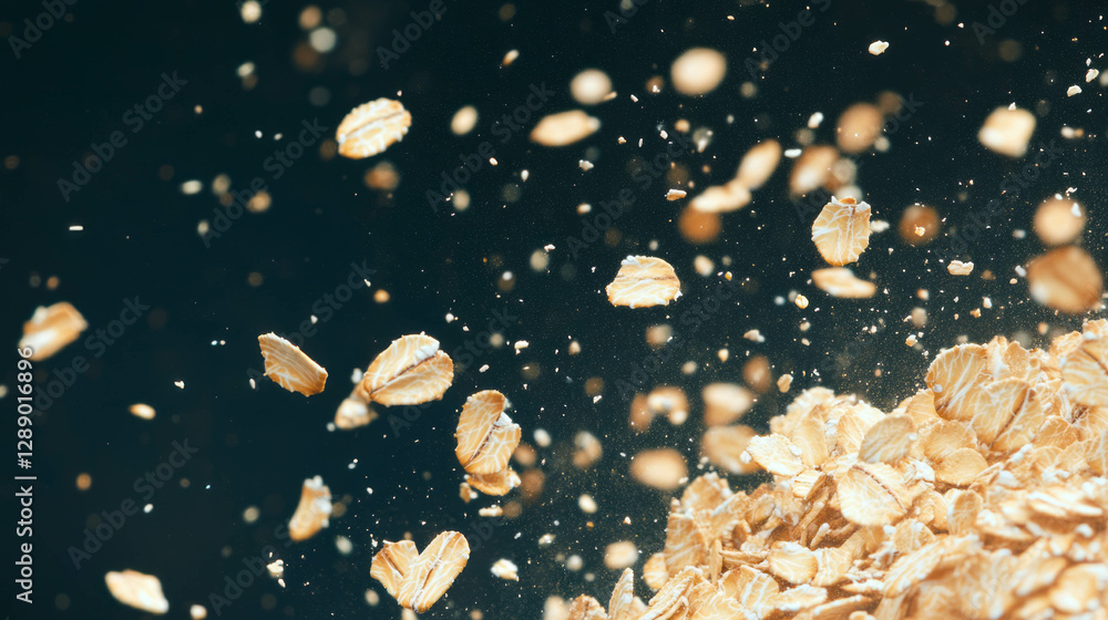 Poster Dynamic background of falling oat bread crumbs with soft lighting for culinary design