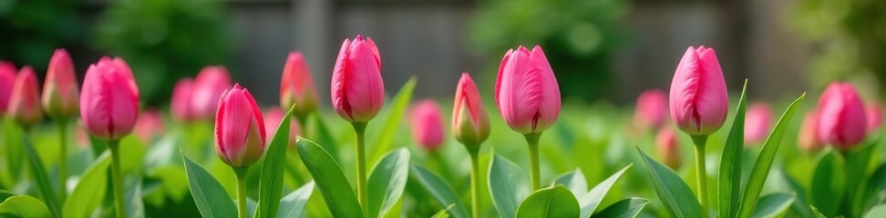 Naklejka premium Pink flower buds with green leaves in a garden border, blooming flowers, flower buds