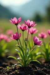 Fototapeta premium Pink flowers of Ononis Arvensis growing in the ground, pink flowers, wildflower