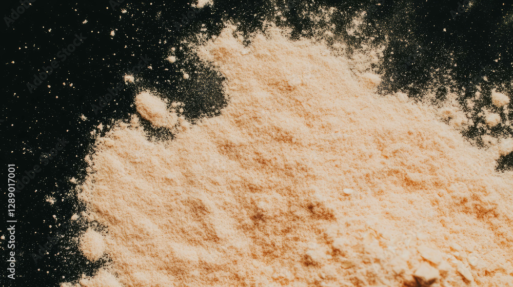 Poster falling oat flour on dark background for baking and culinary design