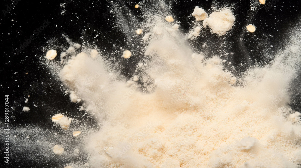 Poster dynamic explosion of falling oat flour on black background for culinary design