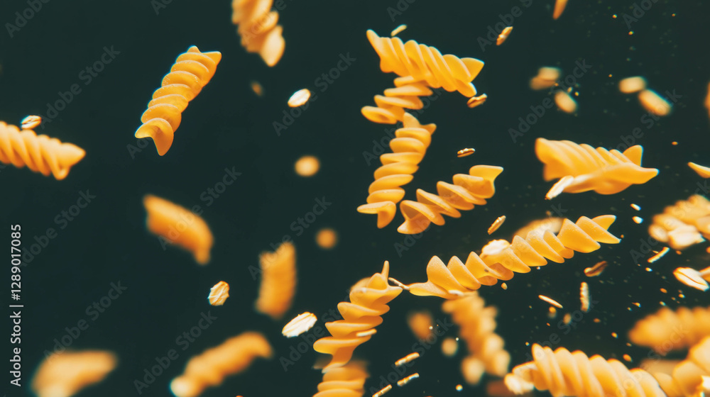 Poster dynamic background of falling oat pasta shapes with light effects