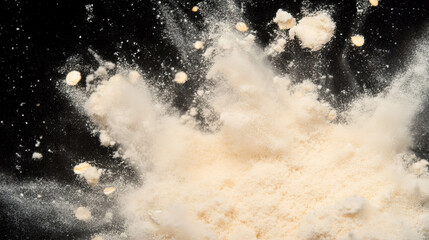 Dynamic explosion of falling oat flour on black background for culinary design