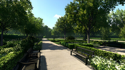 Obraz premium Sunlit Park Pathway with Lush Green Trees and Benches
