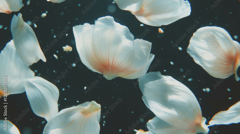 Aufkleber ethereal floating white onion petals in dark background for print design