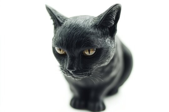 A close-up shot of a black cat sitting on a white background