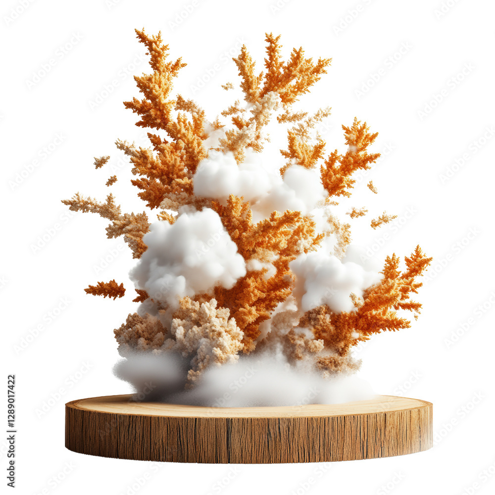 Poster white and orange abstract sculpture displayed on a wooden base with unique design elements isolated 