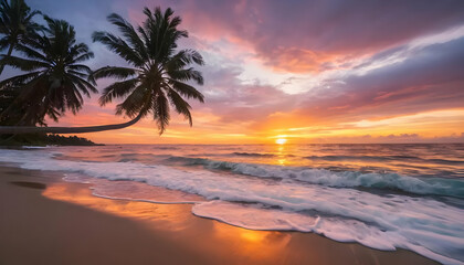Stunning beach scene displays palm trees with an amazing sunset