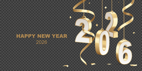 Happy New Year 2026. Decoration of golden white 3D hanging numbers with ribbons and confetti, isolated on transparent background.