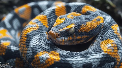 Obraz premium A close-up view of a snake coiled around a rock, highlighting its texture and pattern