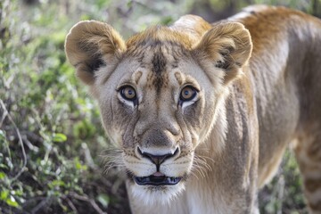 Obraz premium Close-up photo of a lion in its natural habitat, great for wildlife or nature-themed projects