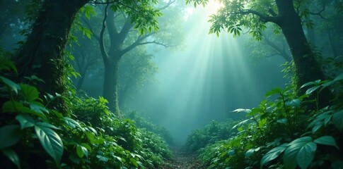 Dense foliage sways in misty jungle atmosphere, abstract, mist