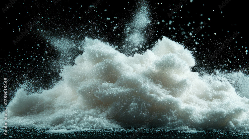Poster falling powdered sugar on soft white background for baking and pastry design