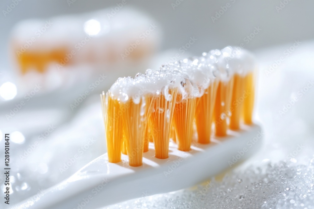 Poster close-up image of a toothbrush with toothpaste applied, useful for beauty and hygiene related conten