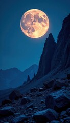 Full moon casting an eerie glow on rugged landforms, rocks, geology, full moon