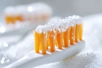 Close-up image of a toothbrush with toothpaste applied, useful for beauty and hygiene related content