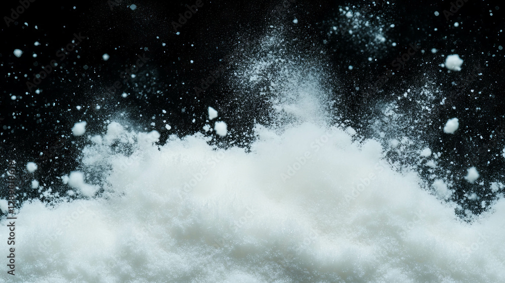Poster falling powdered sugar on soft white background for baking and cooking design
