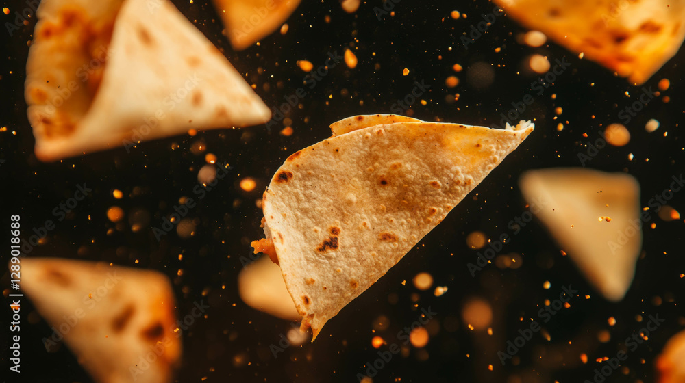 Poster dynamic fall of quesadillas in motion for culinary design projects
