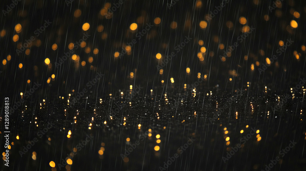 Poster illuminated rainfall at night with glowing reflections for atmospheric design